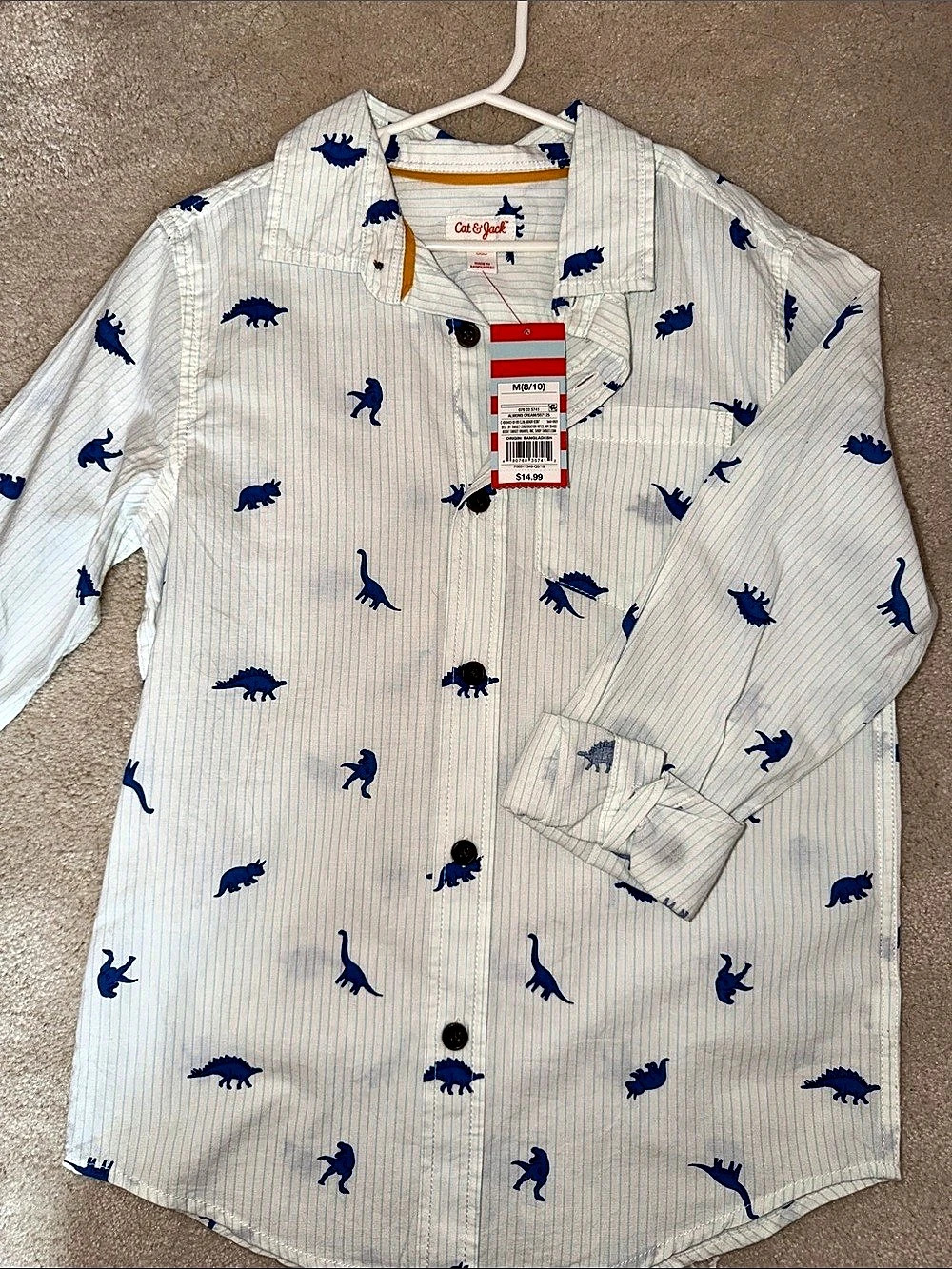Cat & Jack Long-Sleeve Dino Print Button-Down Shirt White & Blue Boys Medium